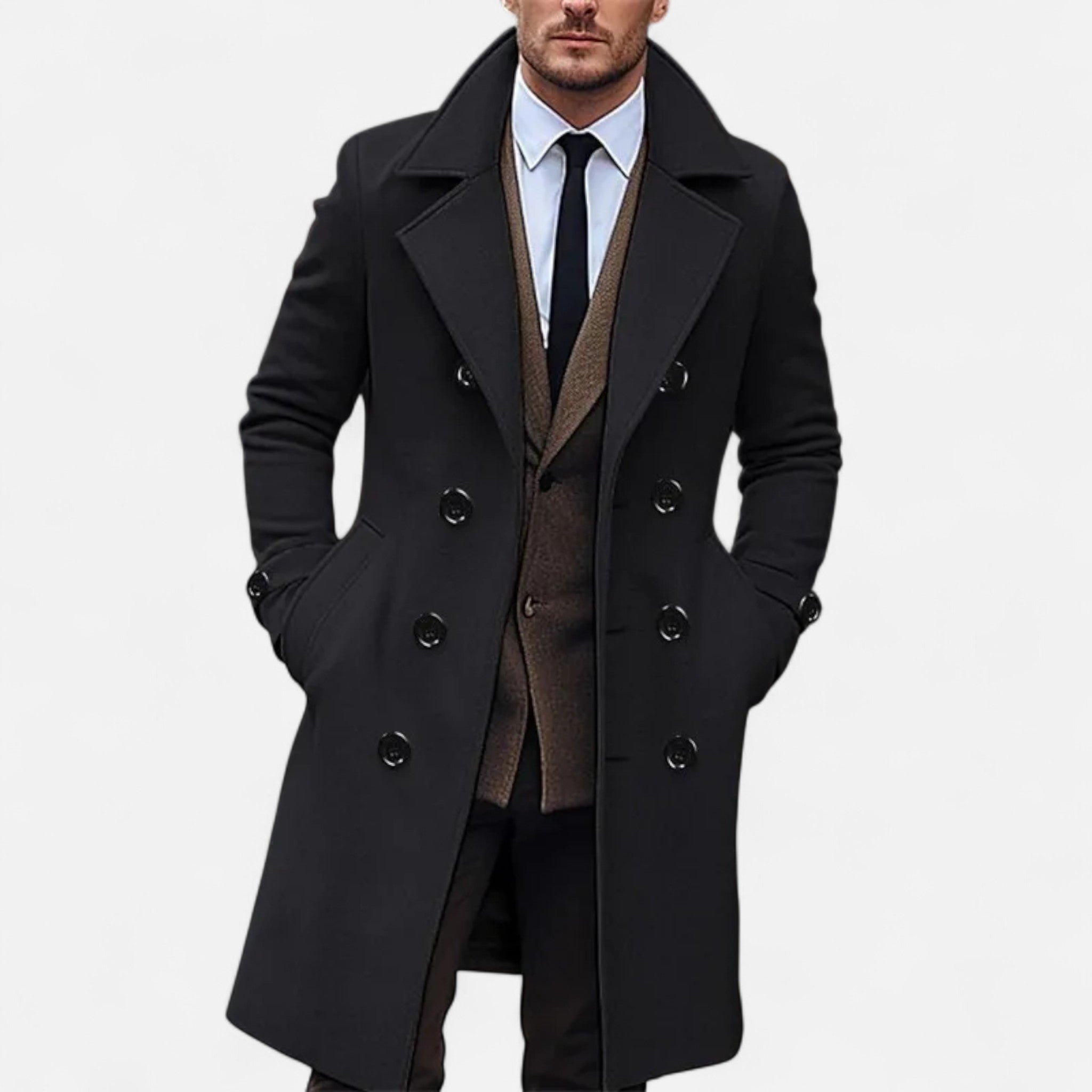 Men's long double-breasted overcoat with notched lapels and button details