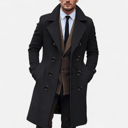 Men's long double-breasted overcoat with notched lapels and button details