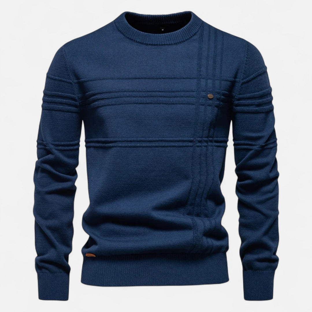 Men's striped crew neck sweater with long sleeves and ribbed trims