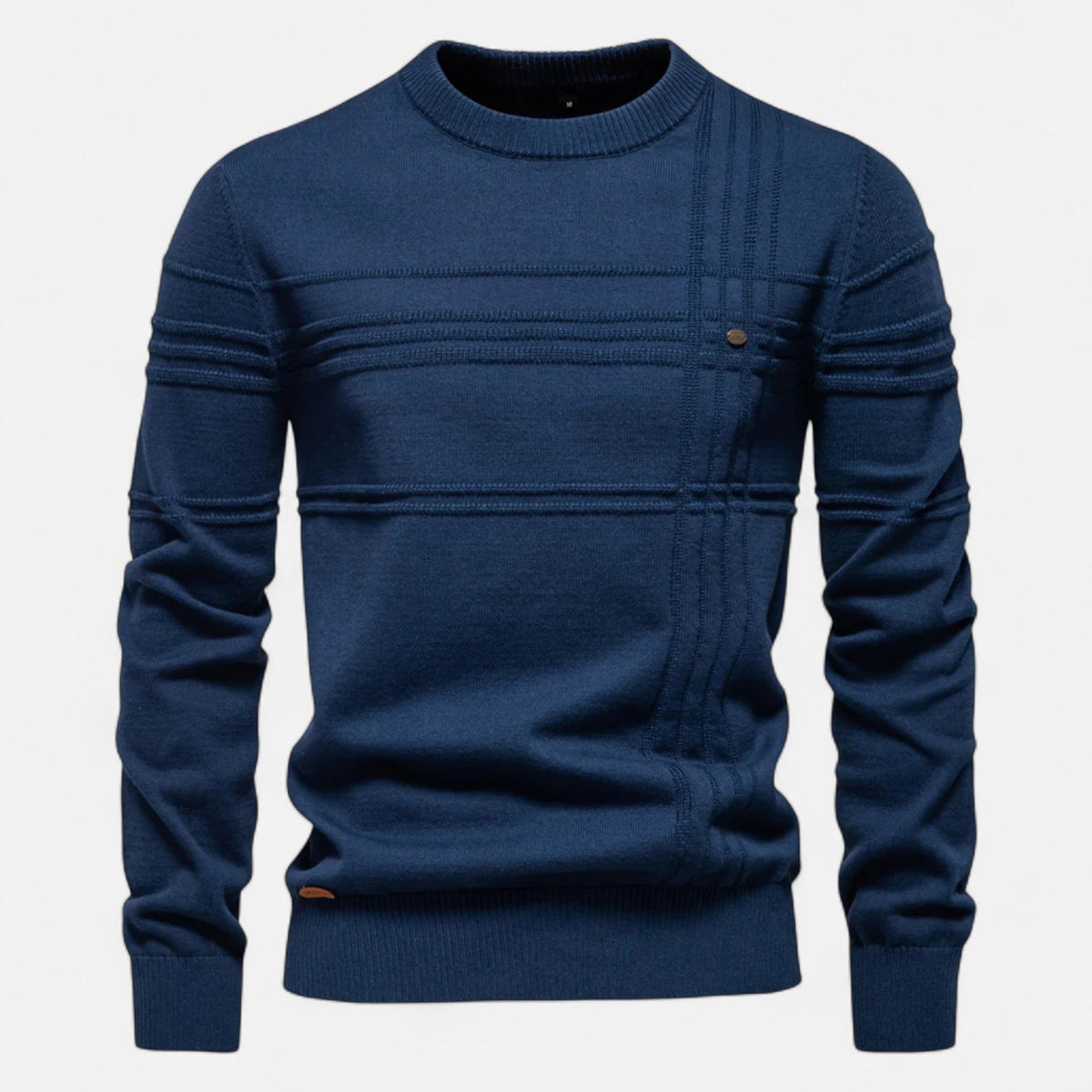 Men's striped crew neck sweater with long sleeves and ribbed trims