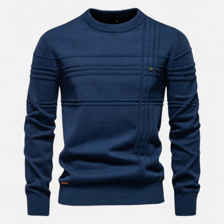 Men's striped crew neck sweater with long sleeves and ribbed trims