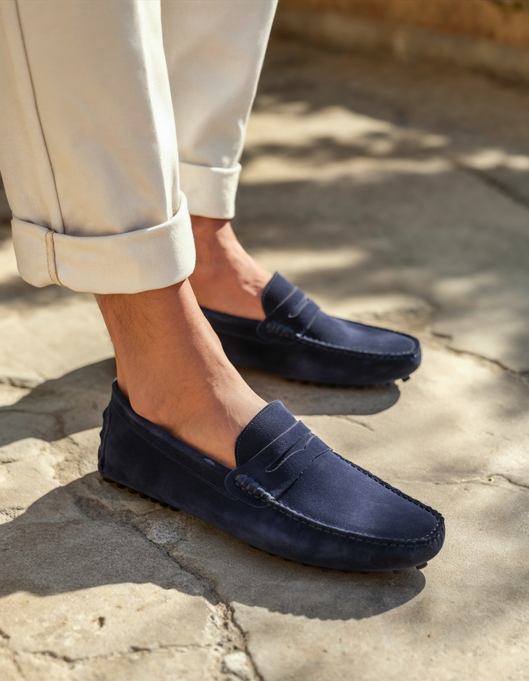Men's suede driver loafers with moc toe and vamp strap