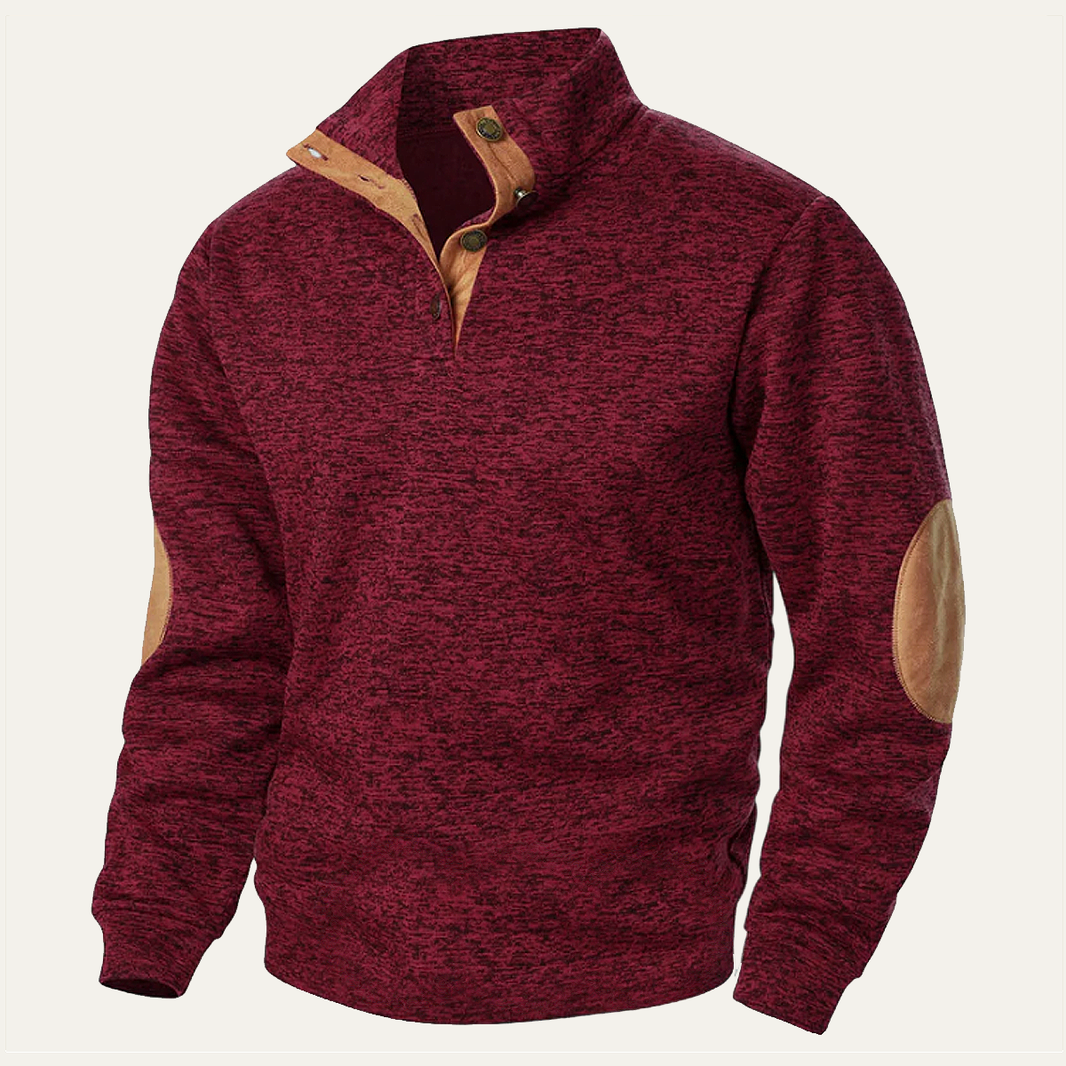 Men's textured knitted sweater with stand collar and contrasting elbow patches