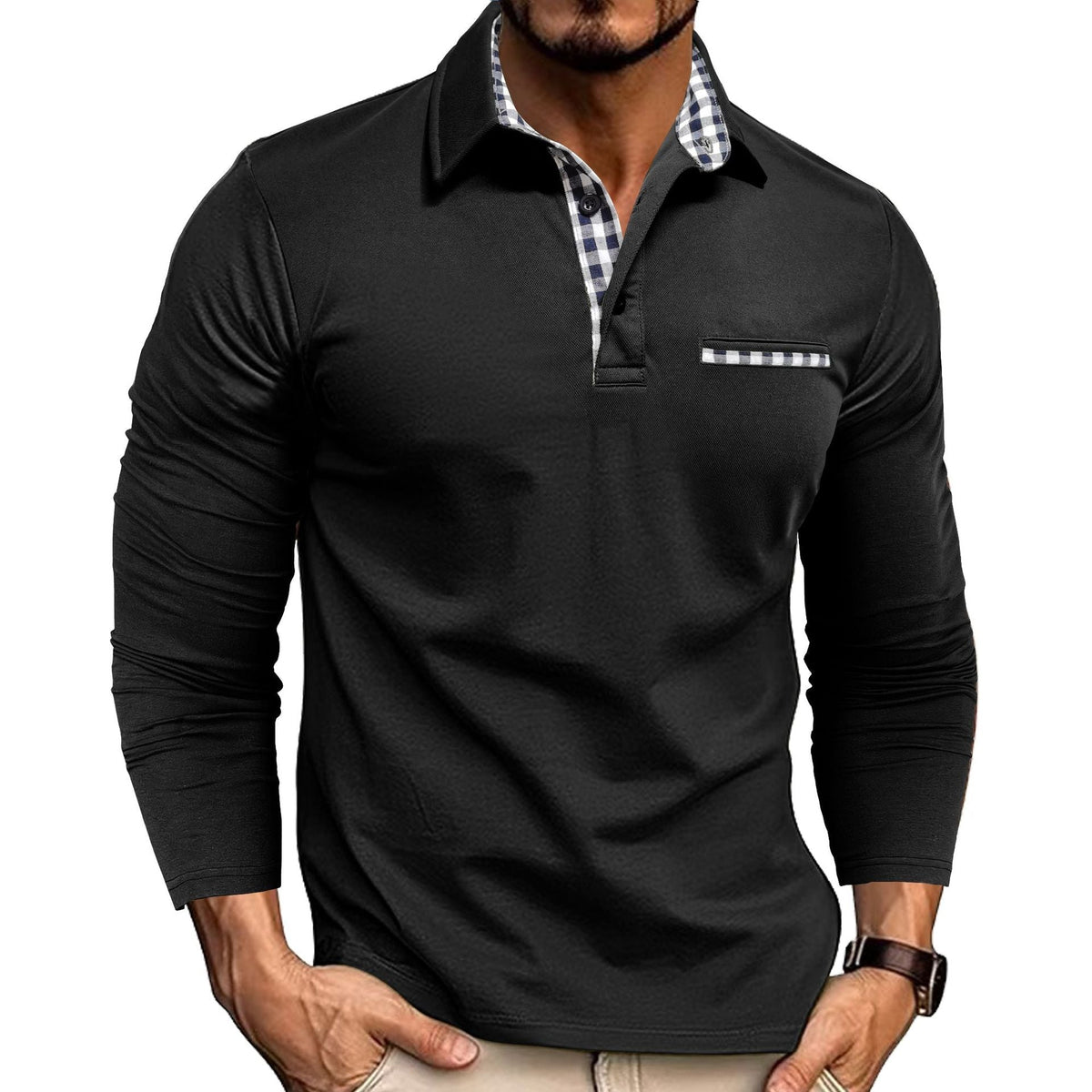 Men's long sleeve polo shirt with checked collar trim and button placket