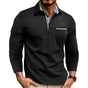Men's long sleeve polo shirt with checked collar trim and button placket