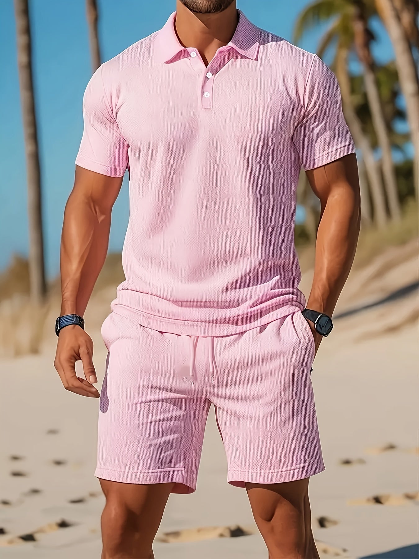 Men's Polo Shirt & Shorts Set, 2 Piece Short Sleeve Summer Co-Ord Outfit Matching
