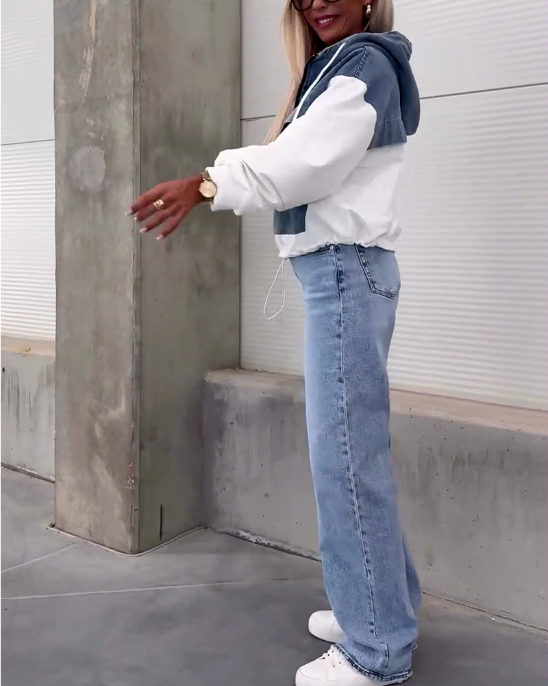 Denim patchwork zip hoodie
