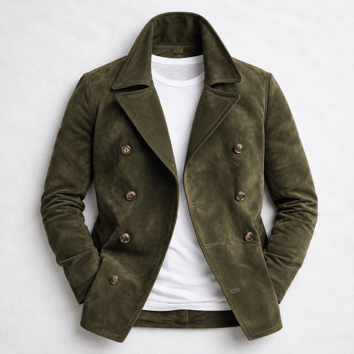 Men's double breasted pea coat with notched collar and long sleeves
