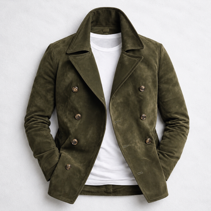 Men's double breasted pea coat with notched collar and long sleeves