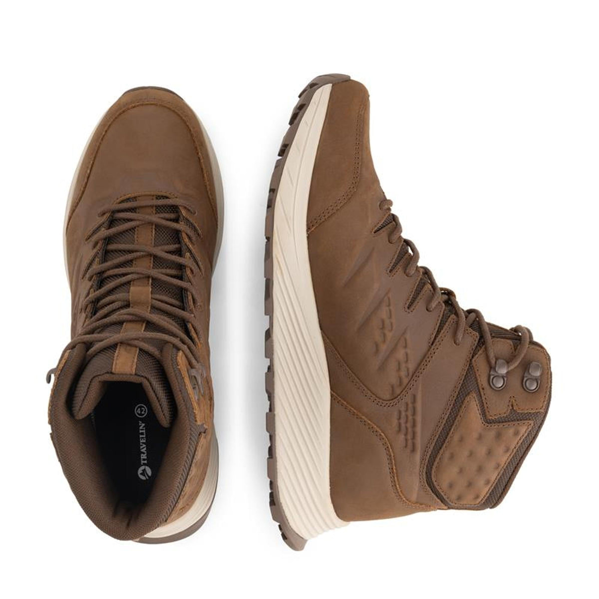 Brown high-top hiking boots with lace-up fastening and lugged soles