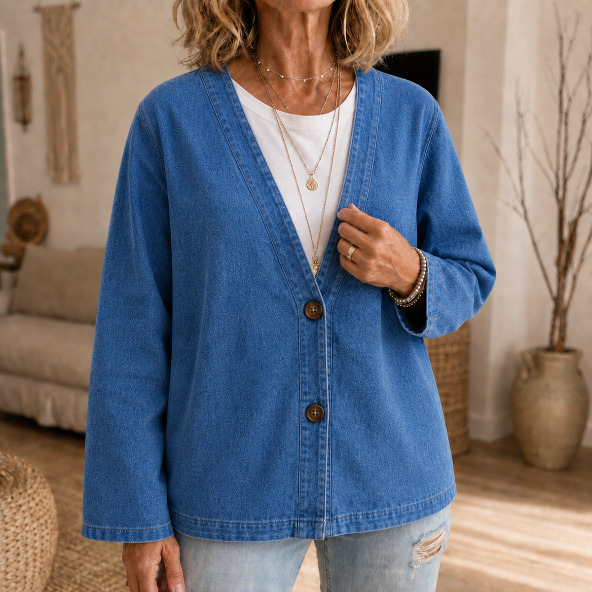 Collarless soft-denim-look button-down cardigan