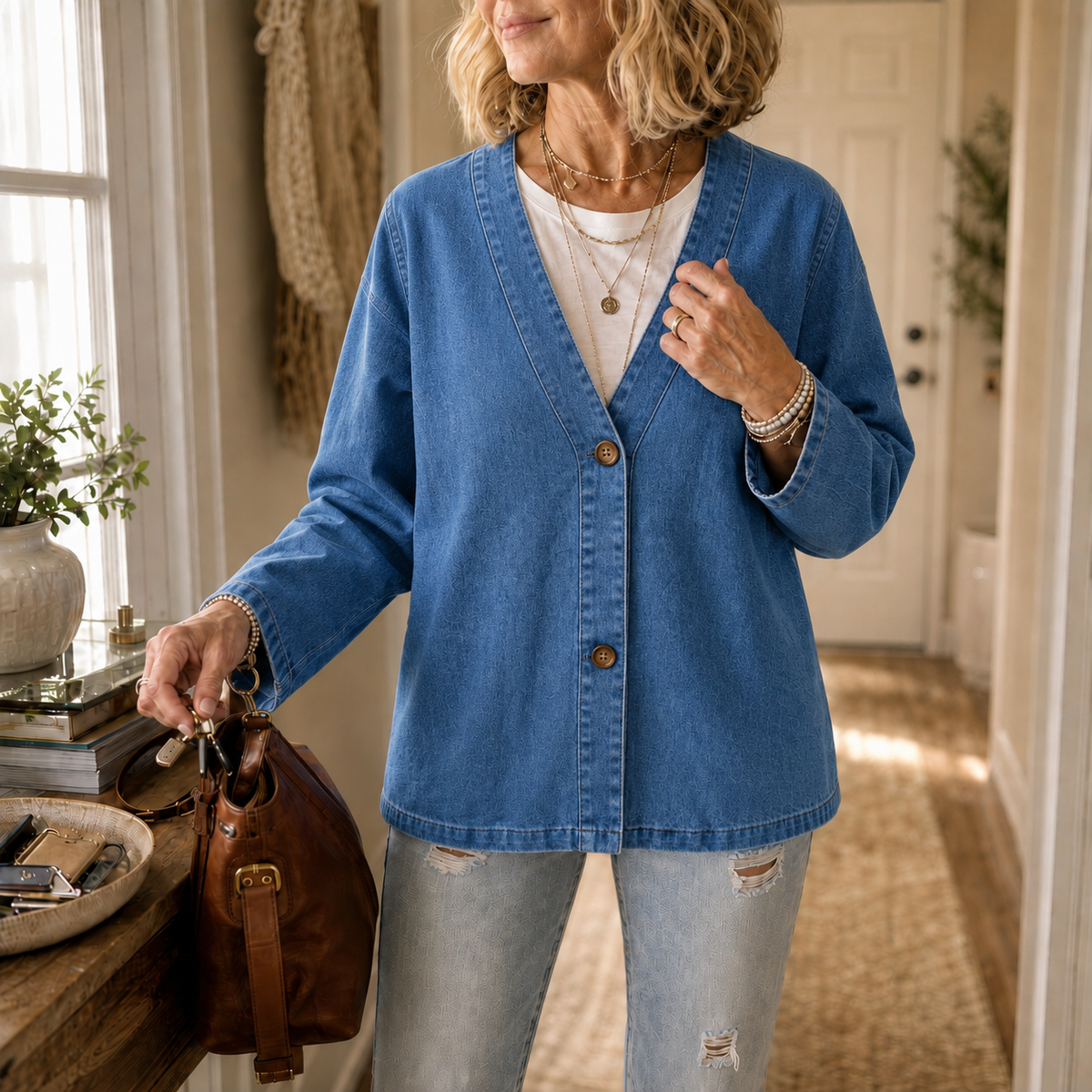 Collarless soft-denim-look button-down cardigan