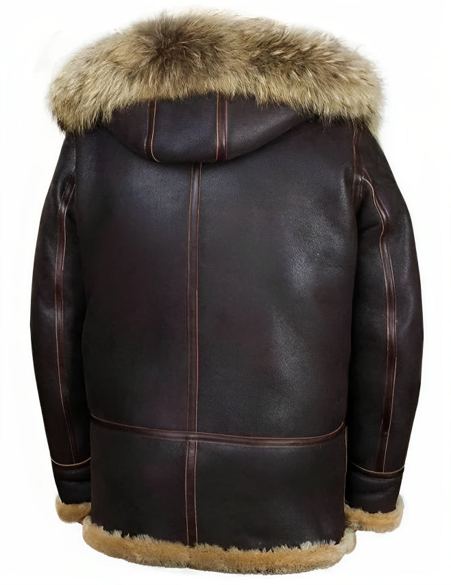 Men's dark brown hooded jacket with tan shearling-style trim and buckle front