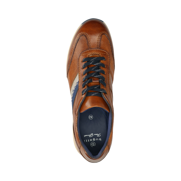 Men's brown lace-up trainers with navy side panel and cream sole