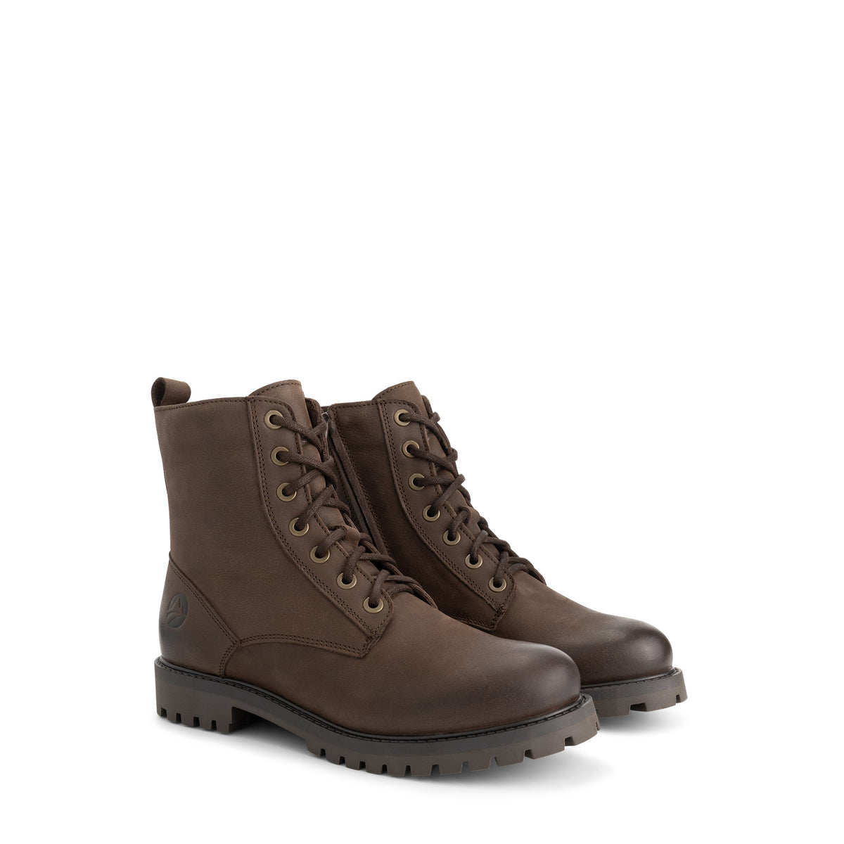 Dark brown lace-up ankle boots with side zips and lug soles
