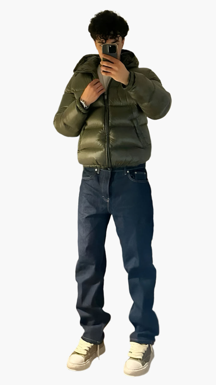 Men's hooded quilted puffer jacket with zip front and side pockets