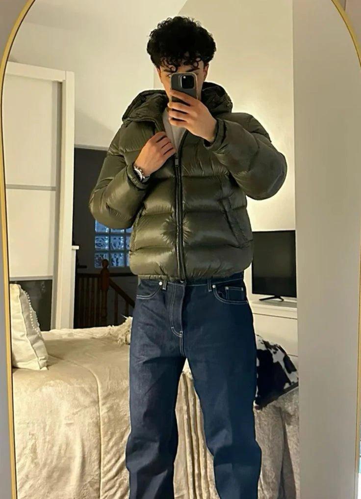 Men's hooded quilted puffer jacket with zip pockets