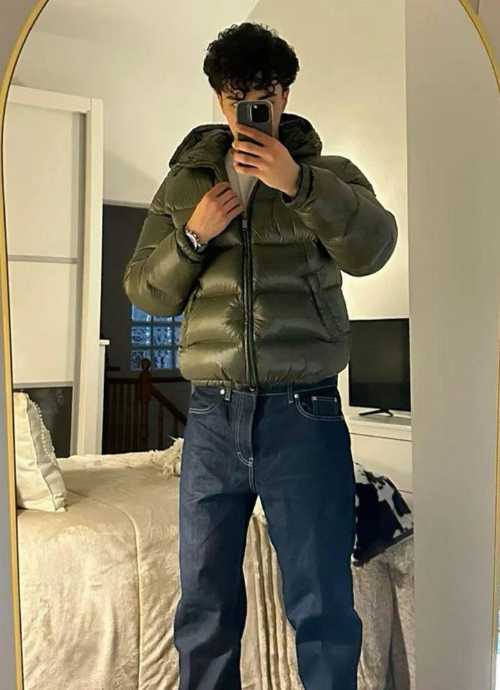 Men's hooded quilted puffer jacket with zip pockets