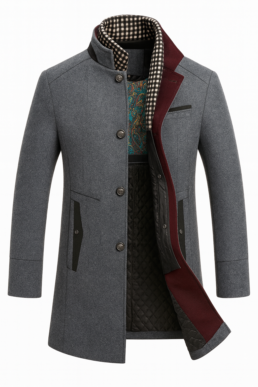 Men's structured overcoat with stand collar, button front, contrast trim and quilted lining