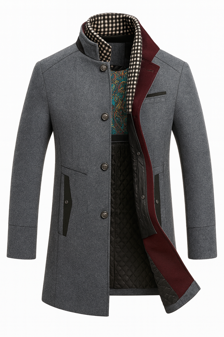 Men's structured overcoat with stand collar, button front, contrast trim and quilted lining