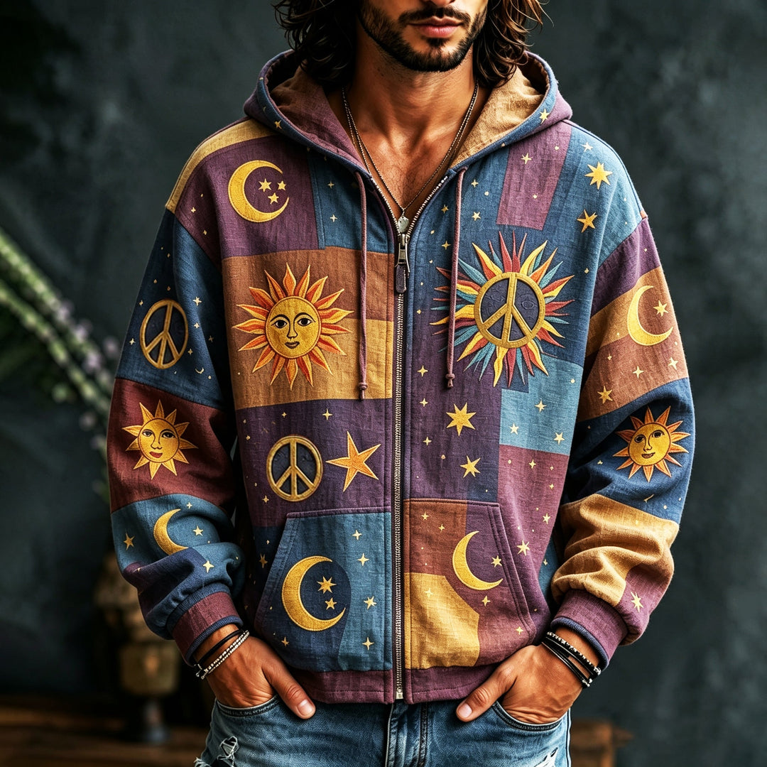 Men's multicoloured patchwork hoodie with celestial sun, moon, star and peace motifs