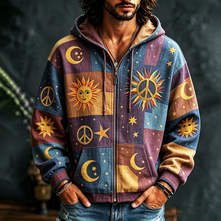 Men's multicoloured patchwork hoodie with celestial sun, moon, star and peace motifs