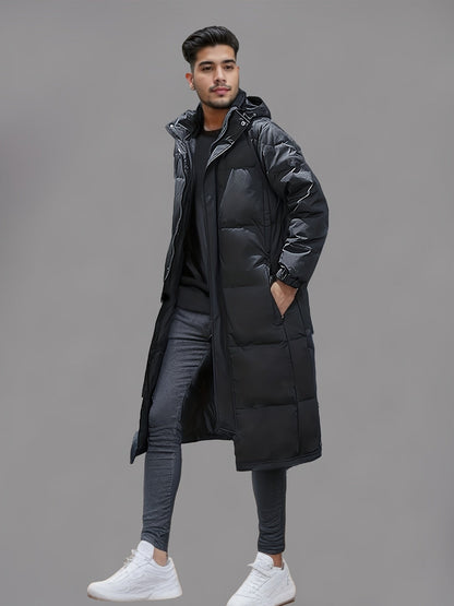 Men's black long hooded puffer coat with quilted panels