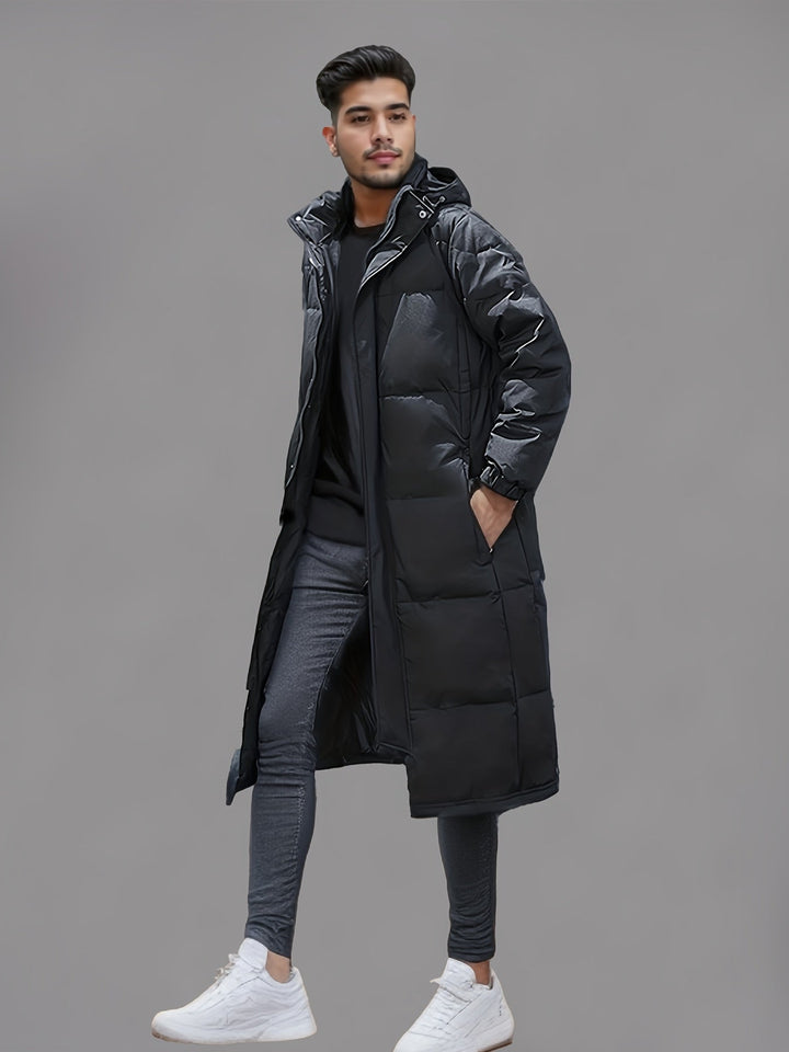 Men's black long hooded puffer coat with quilted panels