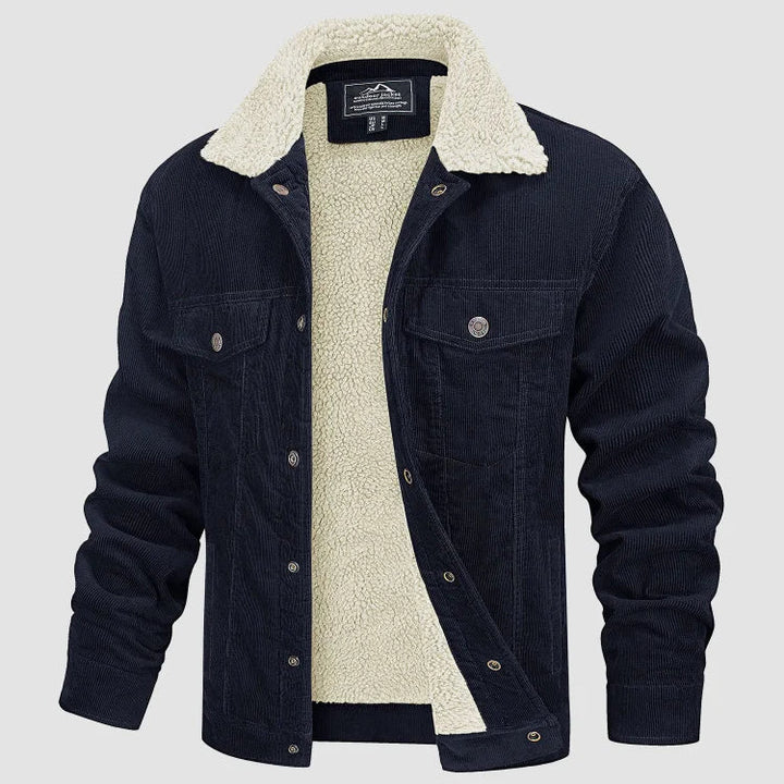 Men's corduroy jacket with textured sherpa collar, button front and flap pockets