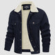 Men's corduroy jacket with textured sherpa collar, button front and flap pockets