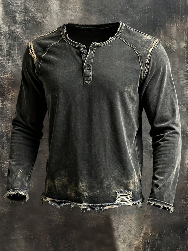 Men's black distressed Henley sweater with long sleeves and frayed edges