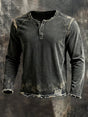 Men's black distressed Henley sweater with long sleeves and frayed edges