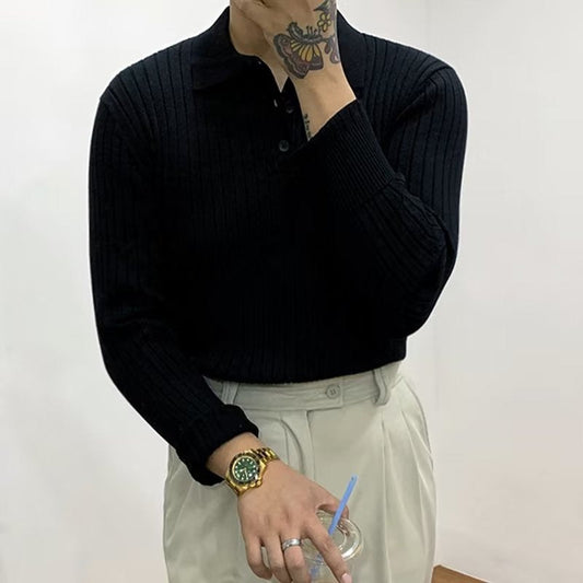 Men's ribbed long-sleeve polo sweater with collared neckline and button placket