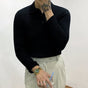 Men's ribbed long-sleeve polo sweater with collared neckline and button placket