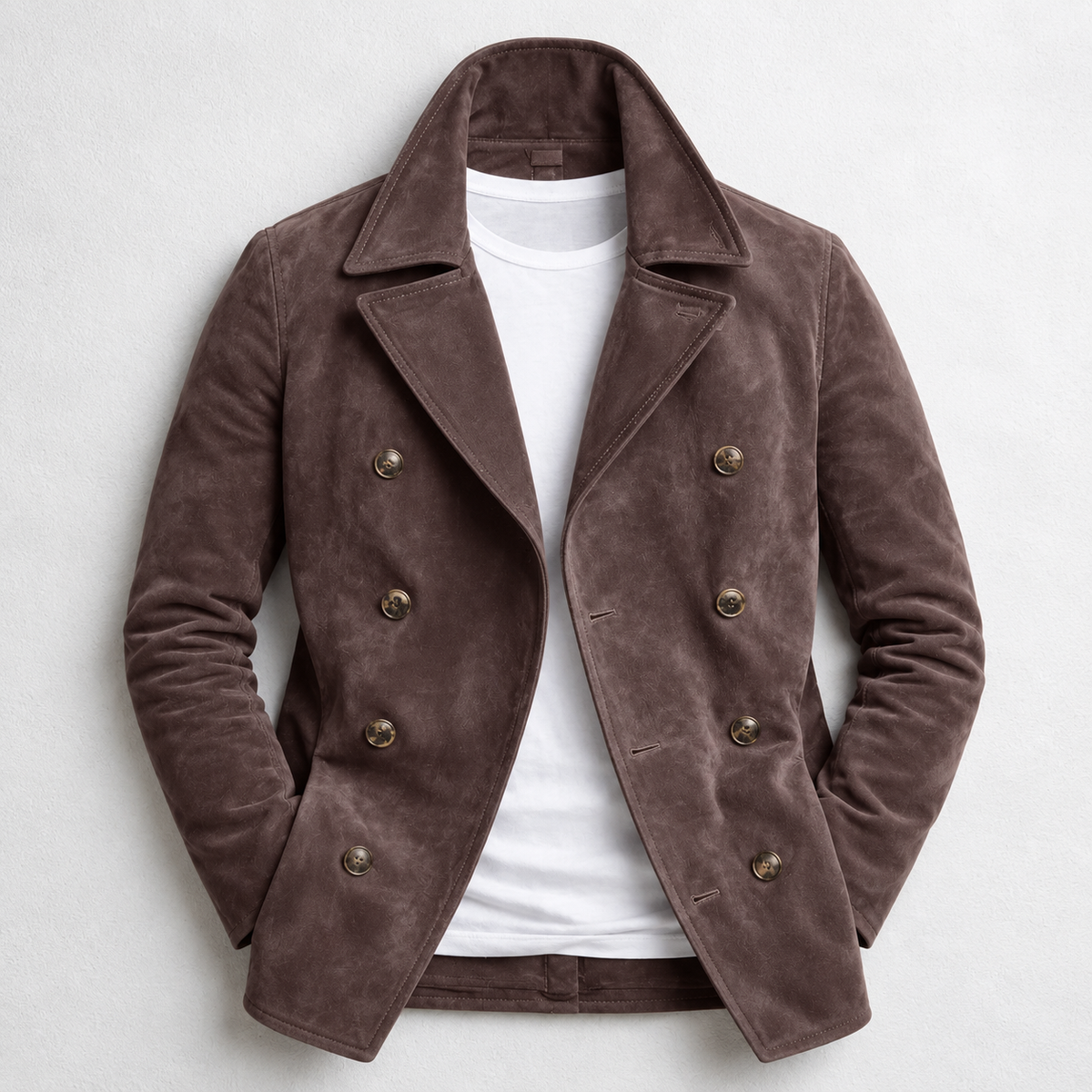 Men's double breasted pea coat with notched collar and long sleeves