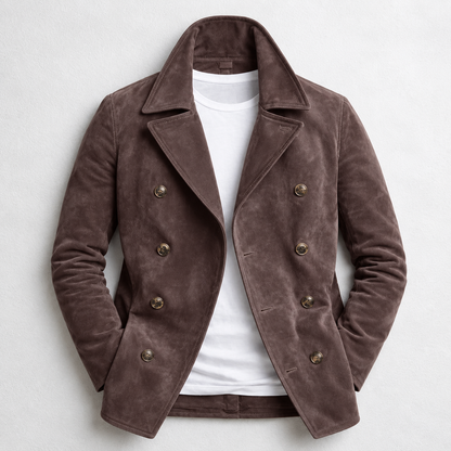 Men's double breasted pea coat with notched collar and long sleeves