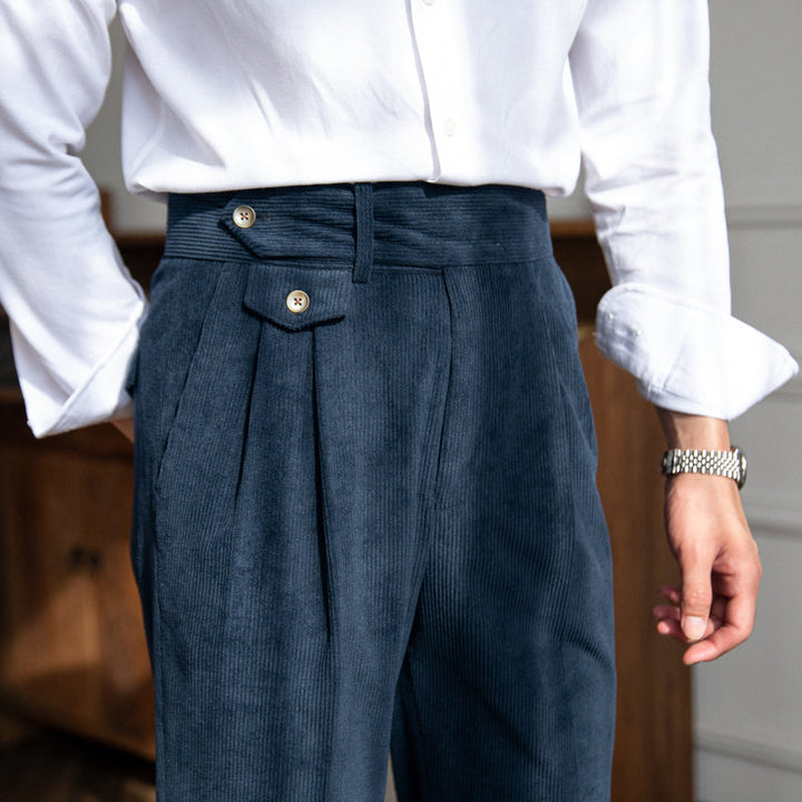 Men's corduroy pleated trousers with high-rise wide legs
