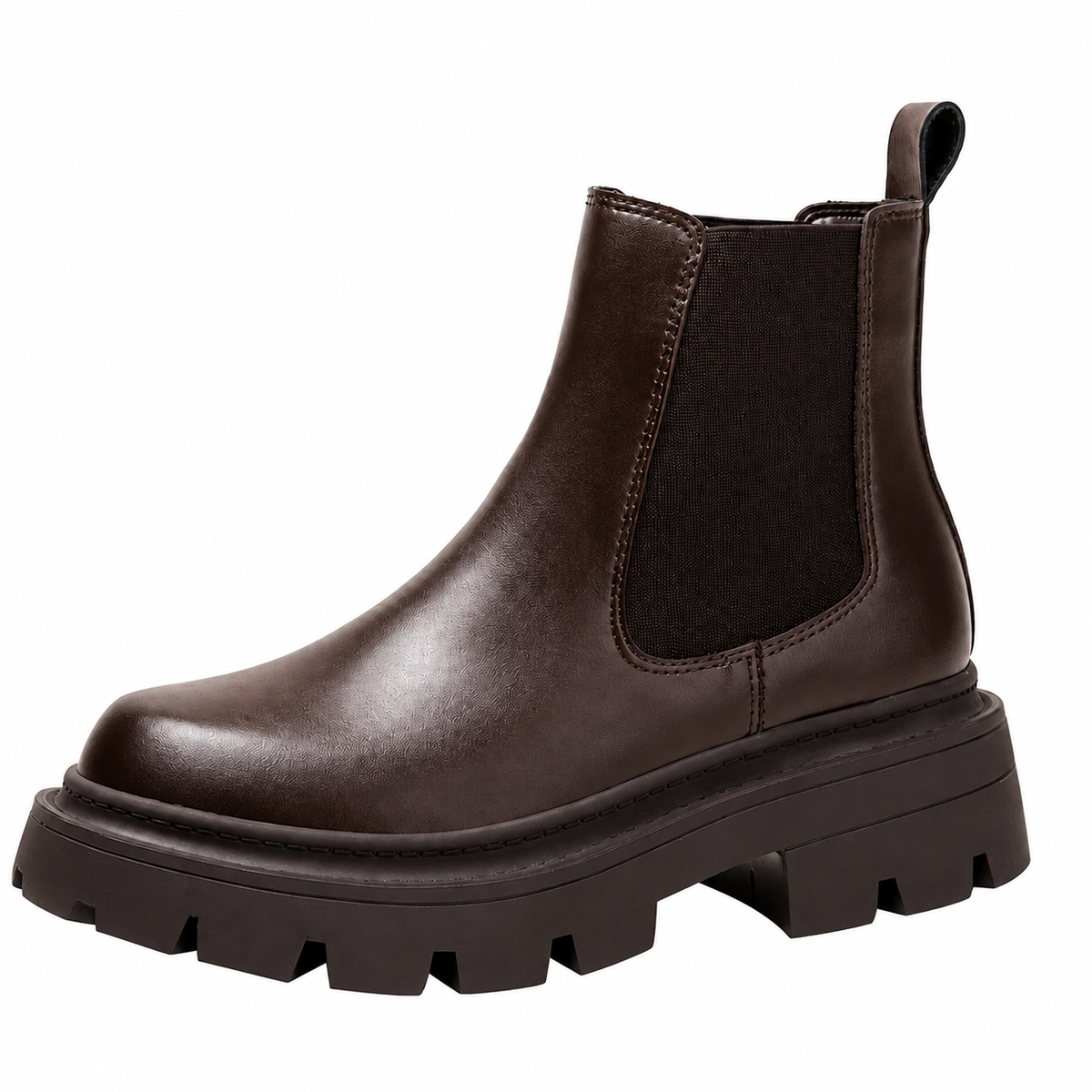 Chelsea boots with elastic side panels, rear pull tabs and chunky lug soles