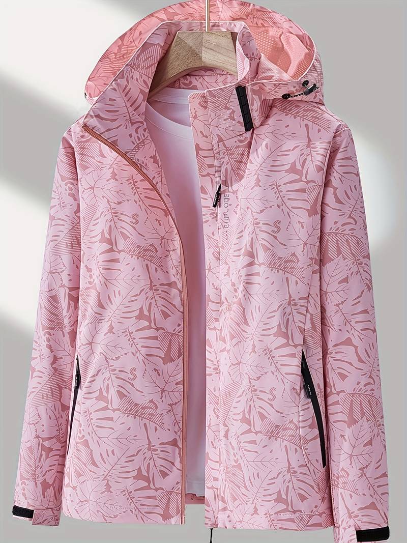 Women's leaf print hooded jacket with zip front and side pockets