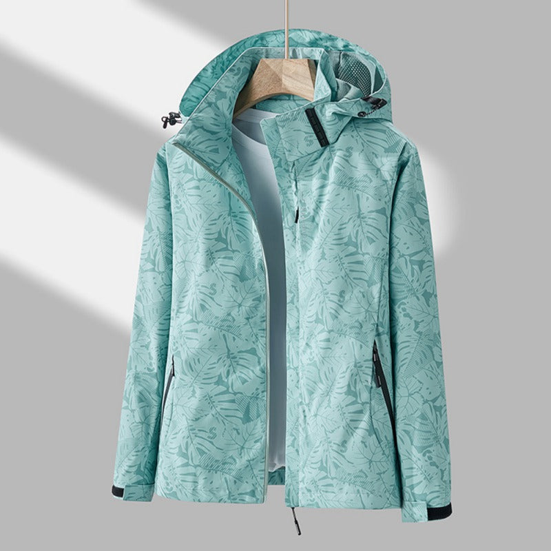 Women's leaf print hooded jacket with zip front and side pockets
