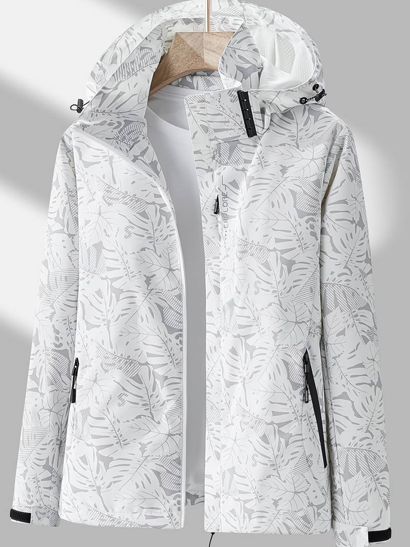 Women's leaf print hooded jacket with zip front and side pockets