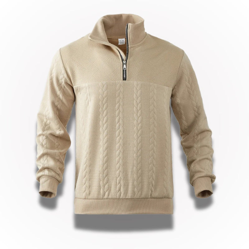 Men's quarter zip textured jumper with mock neck and long sleeves