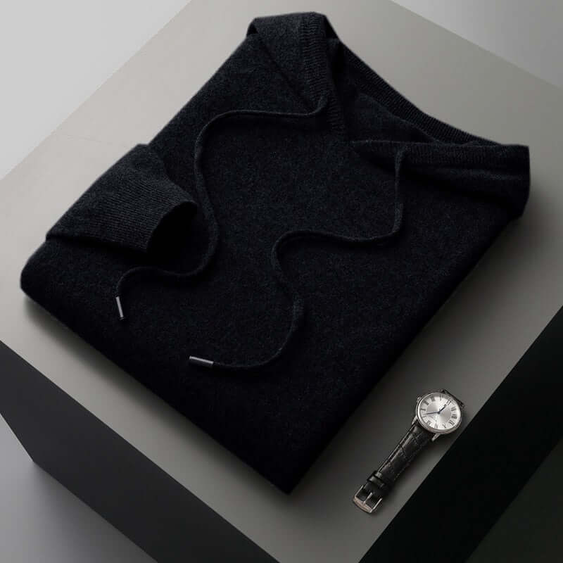 Men's plain knitted hoodie with drawstring hood and long sleeves