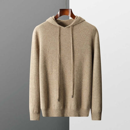 Men's plain knitted hoodie with drawstring hood and long sleeves