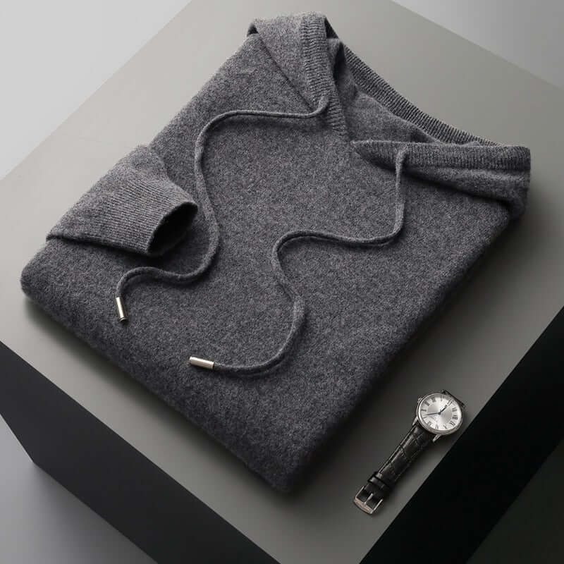 Men's plain knitted hoodie with drawstring hood and long sleeves
