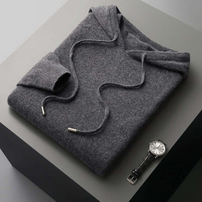 Men's plain knitted hoodie with drawstring hood and long sleeves