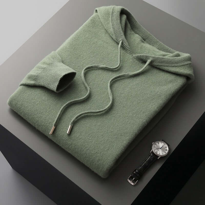 Men's plain knitted hoodie with drawstring hood and long sleeves