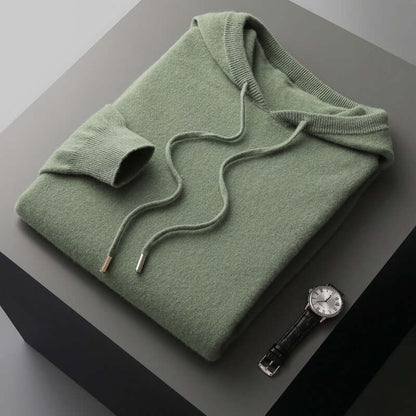 Men's plain knitted hoodie with drawstring hood and long sleeves
