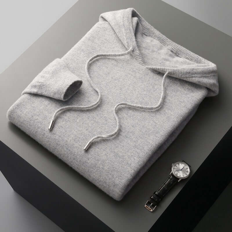 Men's plain knitted hoodie with drawstring hood and long sleeves