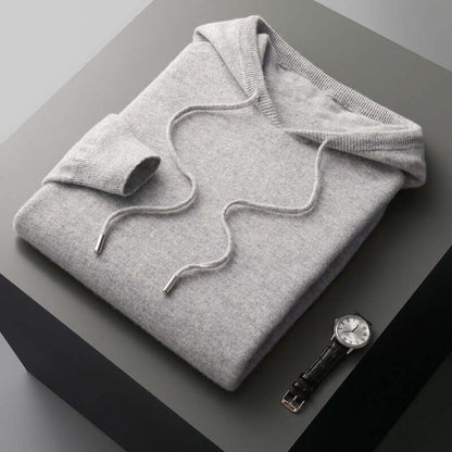 Men's plain knitted hoodie with drawstring hood and long sleeves